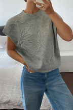 High Flower Pattern Ribbed Trim Short Sleeve Boxy Sweater