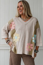 Green Flower Patched Exposed Seam Bracelet Sleeve Oversized T Shirt