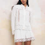 Women's Hollow-Out Patchwork Tassel Coat – Long Sleeve Lapel Button-Down Jacket