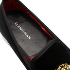 Elanroman Mens Size 9 Black Velvet Gold Slip On Low Heel Loafers Formal Shoes
