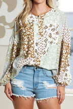 Multicolor Floral Patchwork Lantern Sleeve Cropped Shirt