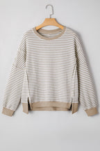 Black Stripe Ribbed Trim Drop Shoulder Long Sleeve Oversized Top
