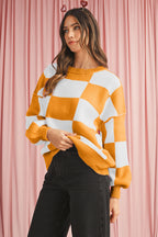 Dark Brown Plaid Bishop Sleeve Pullover Sweater