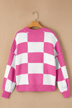 Dark Brown Plaid Bishop Sleeve Pullover Sweater