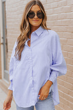 Blue Stripe Striped Casual Shirred Cuffs Shirt