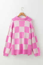 Pink Checkered Button Collared Sweater