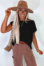 Black Solid Color Sweater Tee with Side Slits