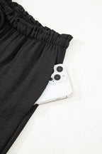 Black Drawstring Frilled Waist Wide Leg Utility Trousers