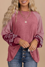 Tillandsia Purple Contrast Print Striped Raglan Long Sleeve Loose Top