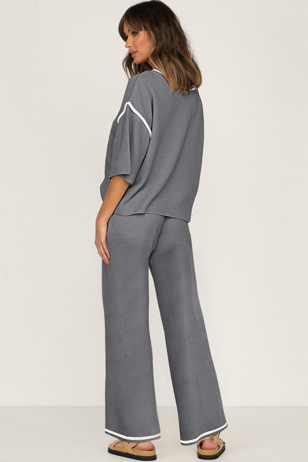 Medium Grey Contrast Trim Half Sleeve Top Drawstring Pants Loose 2pcs Sweater Suit
