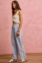 SO ME Wide Check  Pants With Side Lace Trim And Piping