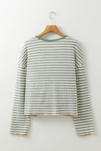 Green Stripe Textured Frilly Trim Buttons Henley Long Sleeve Top