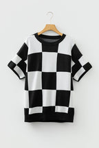 Light French Beige Checkered Pattern Loose Drop Shoulder Half Sleeve Sweater