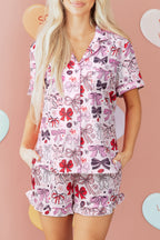 Pink Cute Ribbon Bows Printed 2pcs Short Pajama Set