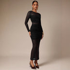 Womens Solid-Color Crew-Neck Mesh-Patchwork Bodycon Midi Skirt