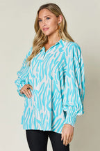 Double Take Full Size Printed Smocked Long Sleeve Blouse Plus Size
