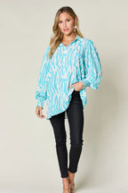 Double Take Full Size Printed Smocked Long Sleeve Blouse Plus Size