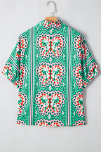 Sea Green Boho Abstract Print Contrast Striped Collared V Neck Blouse