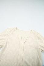Beau Blue Solid Color Textured Notched Neck Puff Sleeve Blouse