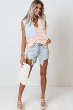 Pink Stripe USA Flag Notched Neckline Loose Knit Vest