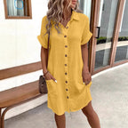 Women's Casual Loose Short-Sleeve Midi Shirt Dress – Button-Down