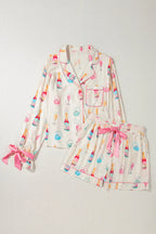 Bow Printed Collared Neck Top and Drawstring Shorts Lounge Set