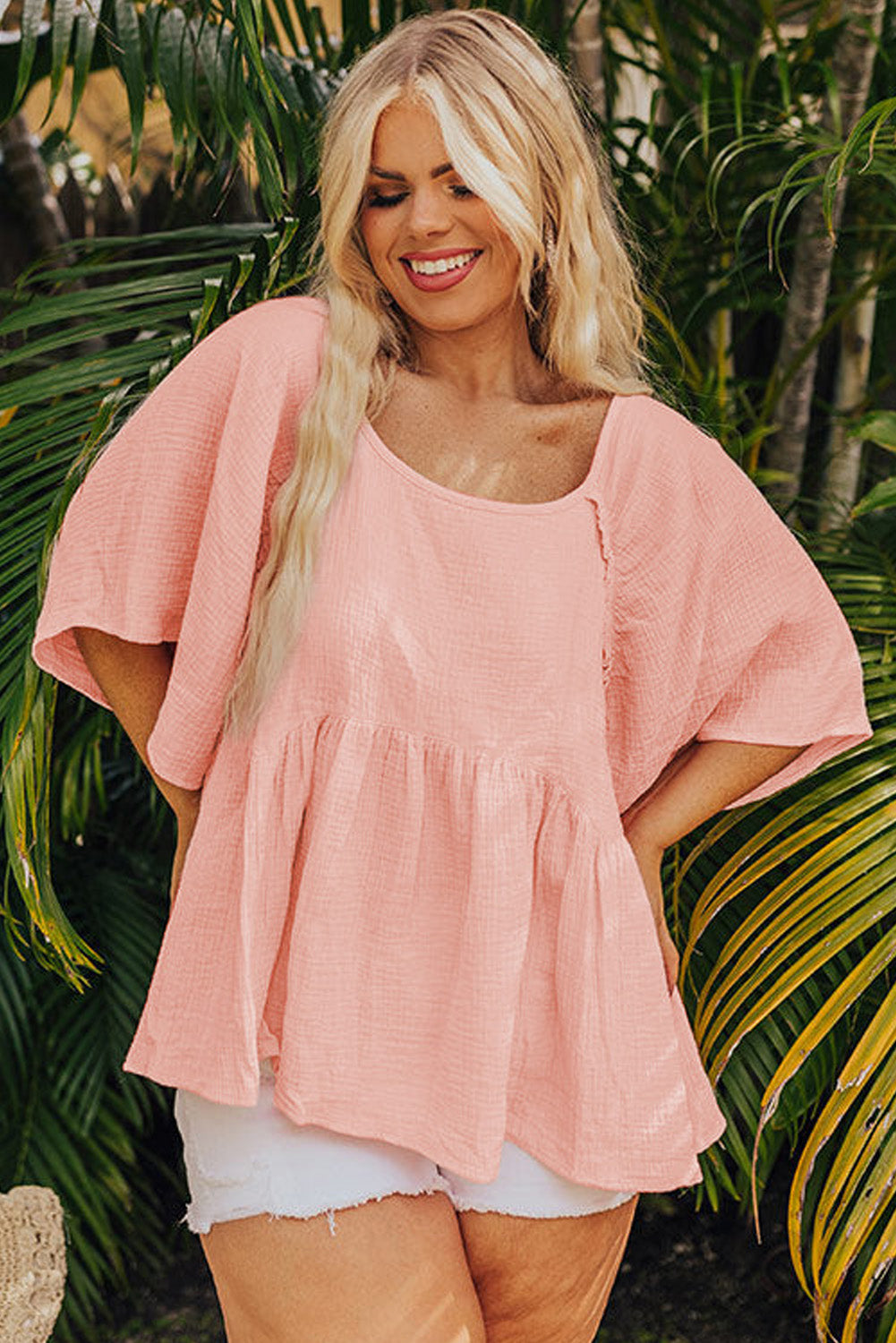 Apricot Pink Plus Size Crinkle Flounce Sleeve Babydoll Blouse