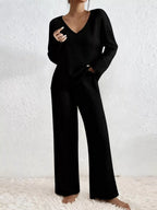 Ribbed Knit V-Neck Top and Pants Set
