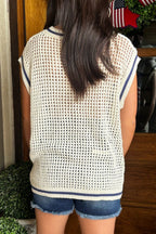 White USA Flag Eyelet Knitted Cap Sleeve Sweater Top