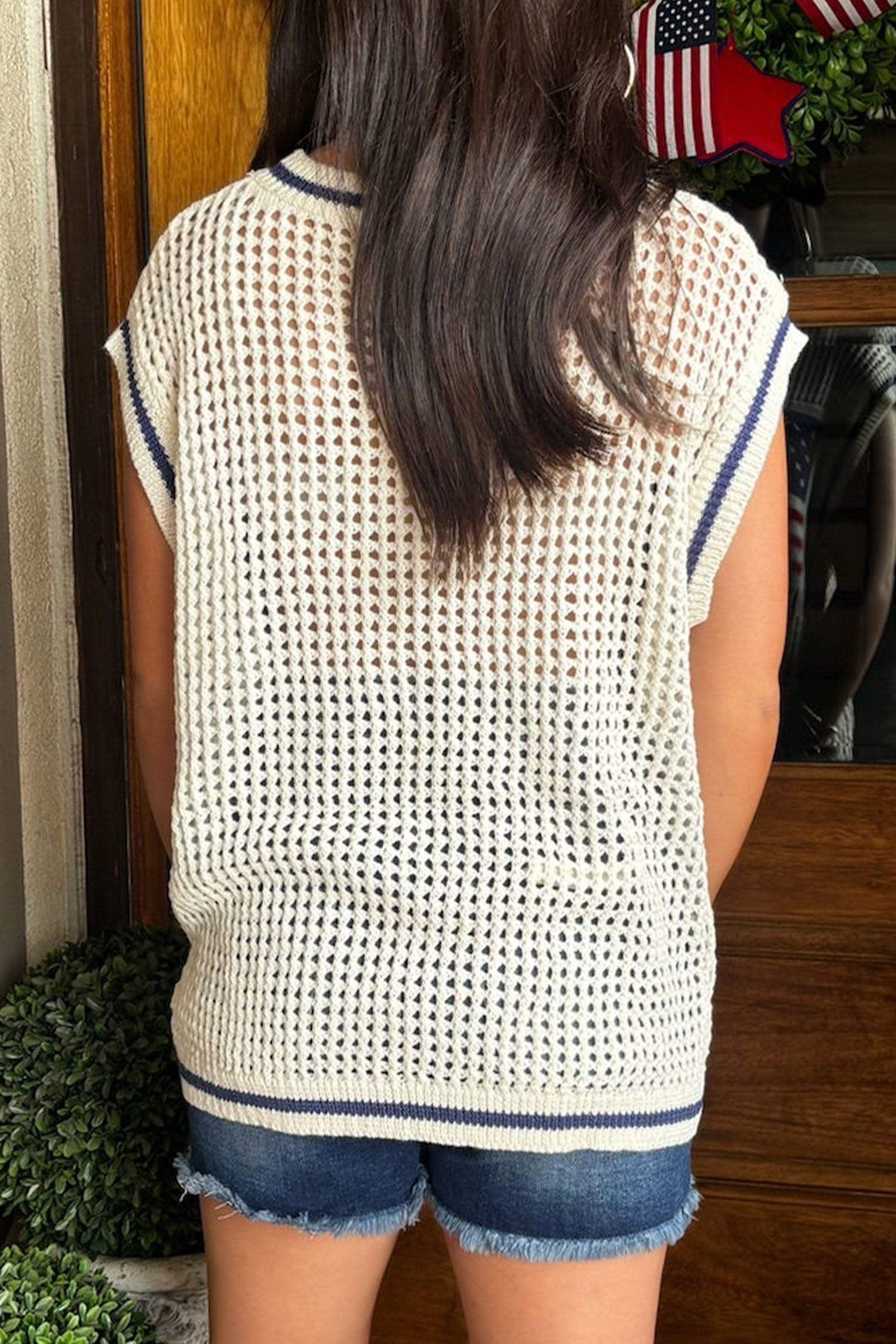 White USA Flag Eyelet Knitted Cap Sleeve Sweater Top