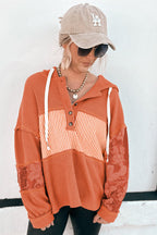 Cinnamon Striped Waffle Patchwork Drawstring Hooded Long Sleeve Top