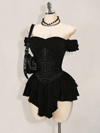 One-Shoulder Dress with a Fitted Waist And Back Tie, Features Puff Sleeves And a Stylish, Elegant Cake Skirt