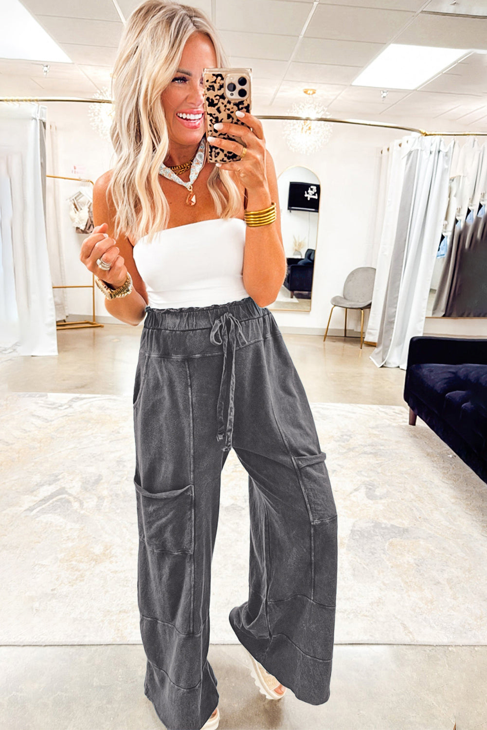 Wild Ginger  Mineral Wash Knot High Waist Raw Hem Pants