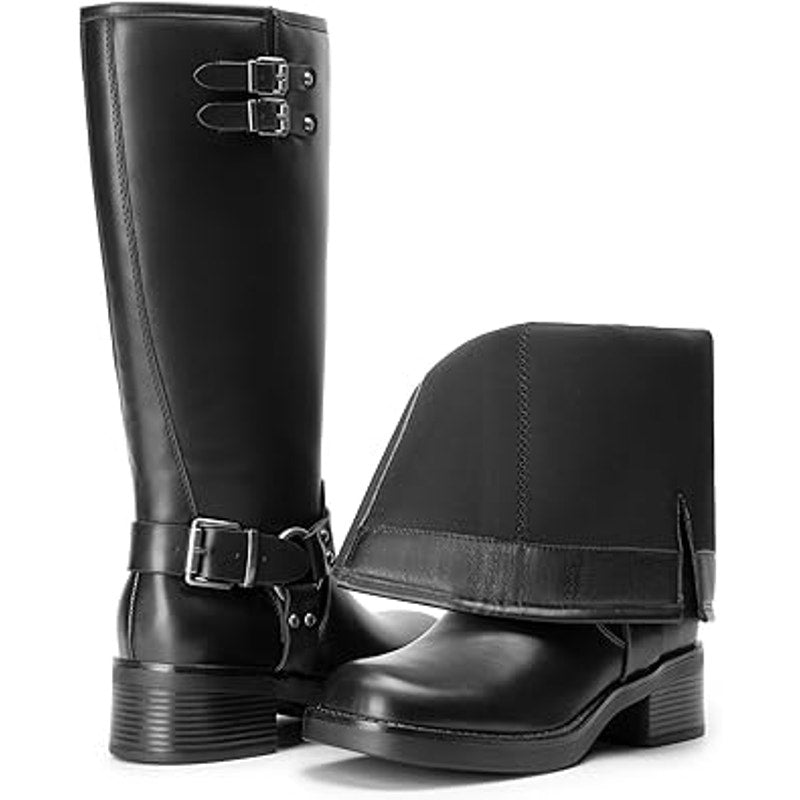 Dream Pairs Womens 9.5 Black Faux Leather 2" Heel Silver Buckle Motorcycle Boots