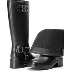 Dream Pairs Womens 9.5 Black Faux Leather 2" Heel Silver Buckle Motorcycle Boots