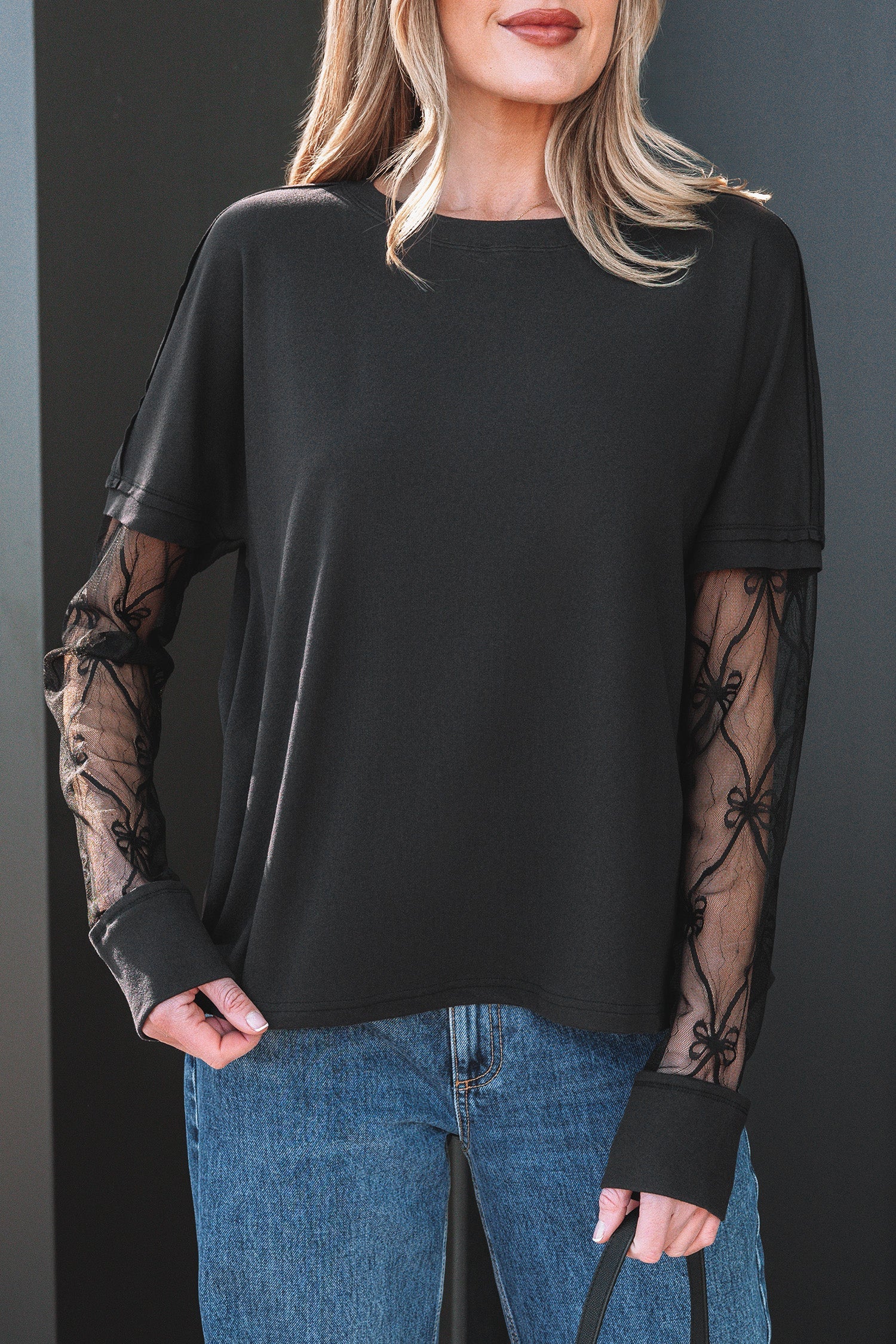 Light Pink Solid Color Bow Textured Patchwork Long Sleeve Tee