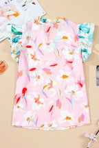 Multicolour Contrast Floral Patchwork Notched Neck Flutter Sleeve Blouse