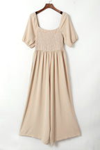 Apricot Short Bubble Sleeve Smocked Wide Leg Jumpsuit