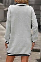 Light Grey Striped Trim V Neck Long Sleeve Preppy T Shirt Dress