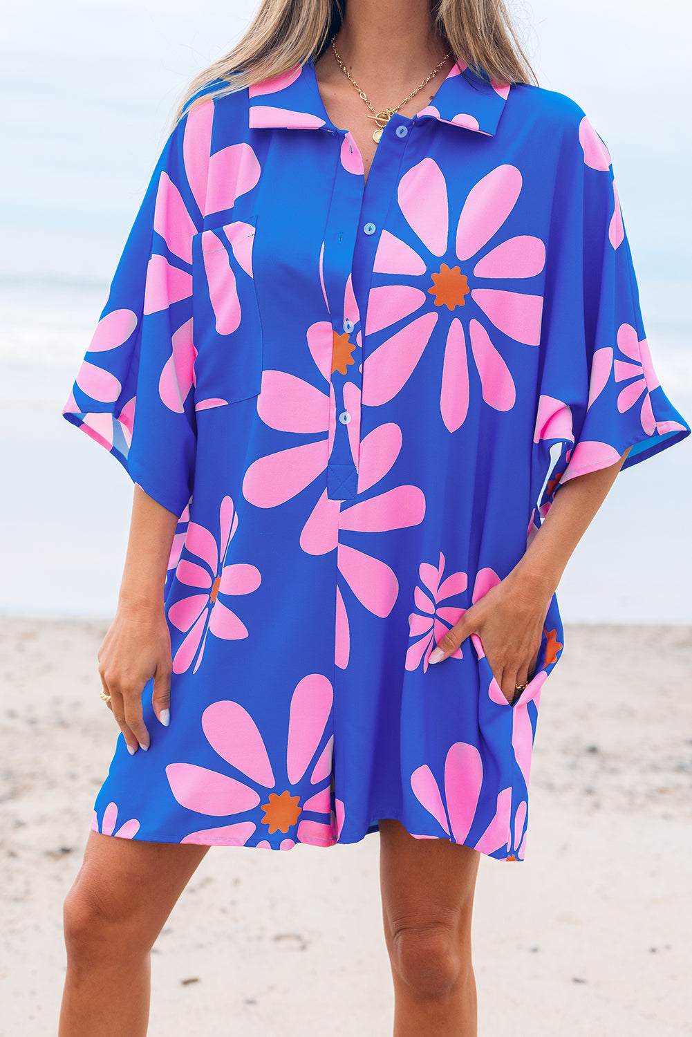 Blue Summer Flower Print Shirt Collar Button Front Loose Romper