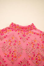 Rose Red Floral Print Wide Short Sleeve Loose Shirt