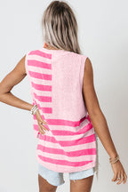 Pink Stripe USA Flag Notched Neckline Loose Knit Vest