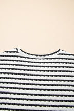 Black Stripe Knitted Short Sleeve Top and Drawstring Shorts Set