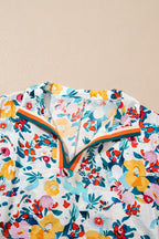 Peacock Blue Floral Print Slit V Neck Short Sleeve Blouse