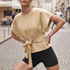Women's Loose Round-Neck Lace-Up Bow-Knot Short-Sleeve Top