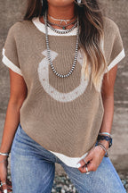 Black Horse Shoe Pattern Contrast Trim Short Sleeve Sweater