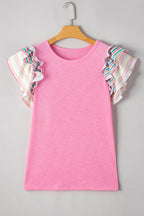 Bonbon Striped Ruffle Flutter Sleeve Ribbed Blouse
