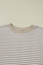 Brown Plus Size Stripe Ribbed Trim Drop Shoulder Long Sleeve Oversized Top