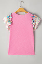 Bonbon Striped Ruffle Flutter Sleeve Ribbed Blouse