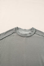 White Crinkle Rib Textured Knit Round Neck T Shirt
